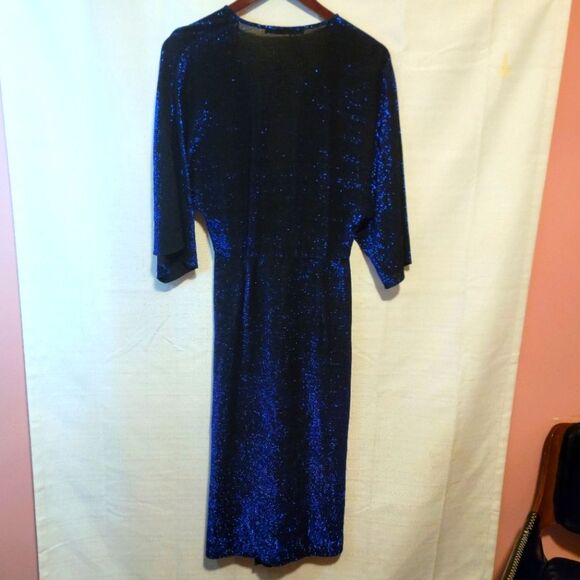 Zara Blue Shimmer Sparkle Lurex V-Neck Crossover Midi Dress Cocktail Size XS - Picture 6 of 13